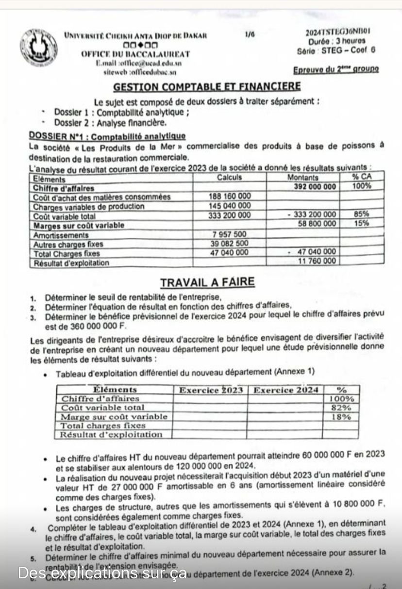SUJET 2ND TOUR 2024 BAC STEG EPREUVE 2 - GESTION COMPTABLE ET FINANCIERE